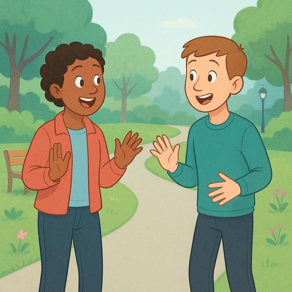 Two adults standing on a winding park path, both looking surprised and happy as they have run into each other unexpectedly.