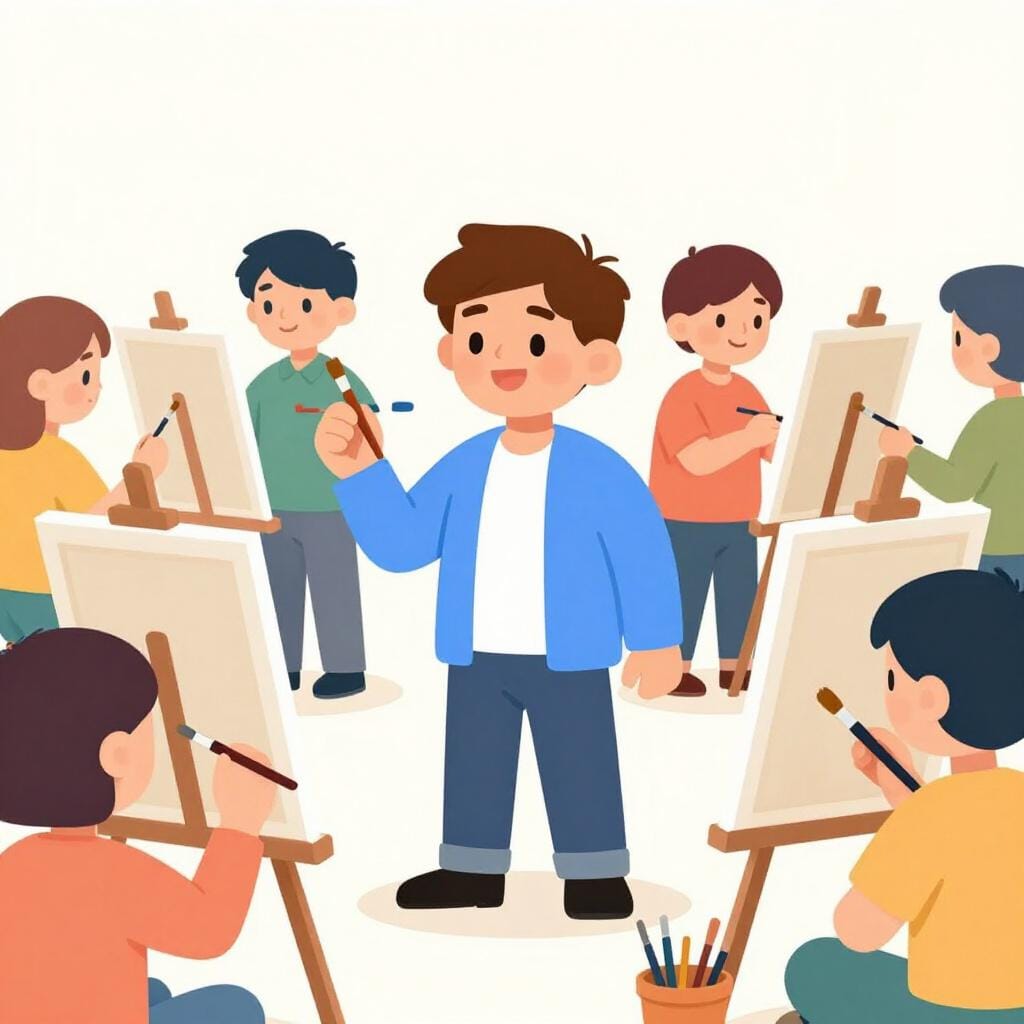 An artist standing on a stage while a crowd of people all begin to paint on their own canvases.