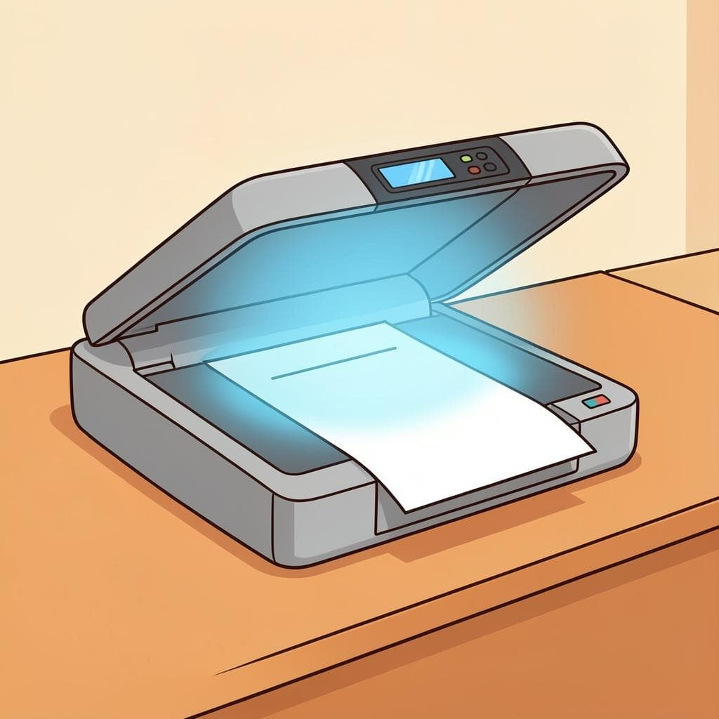 Um scanner de mesa com a tampa ligeiramente aberta, emitindo uma luz azul suave enquanto digitaliza um pedaço de papel.
