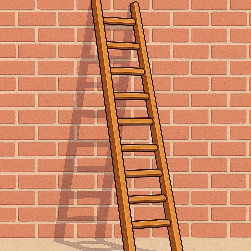 A tall, rustic wooden ladder with rungs leaning against a red brick wall.