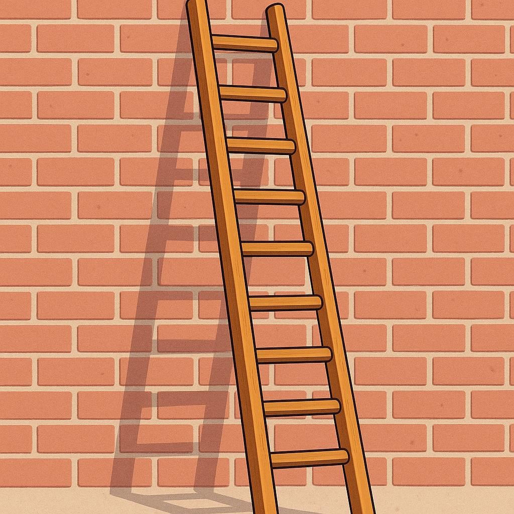 A tall, rustic wooden ladder with rungs leaning against a red brick wall.