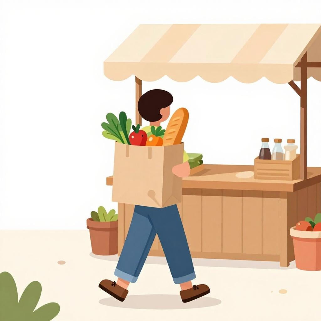 A person holding a grocery bag and walking away from a market stall.