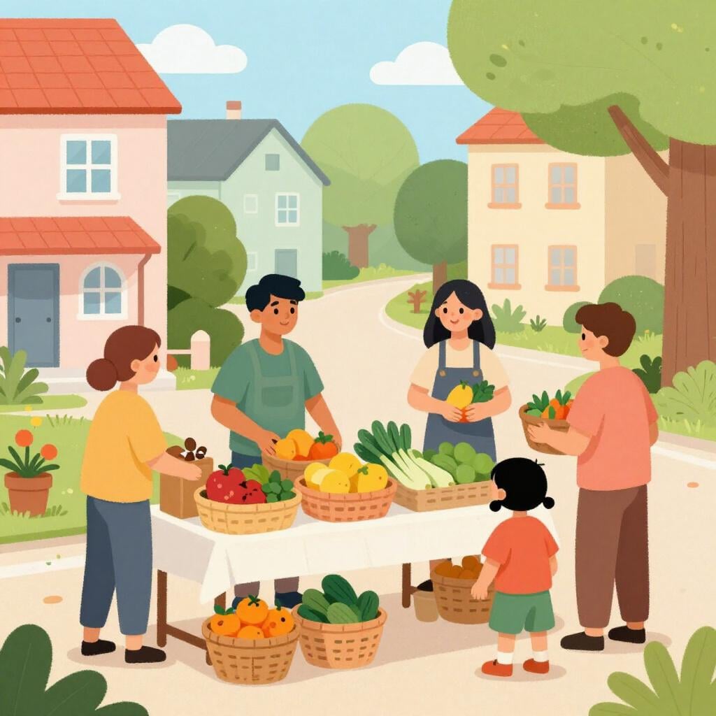 Un marché communautaire animé où les gens échangent des biens et interagissent, montrant un mélange de connexion sociale et d'activité économique.