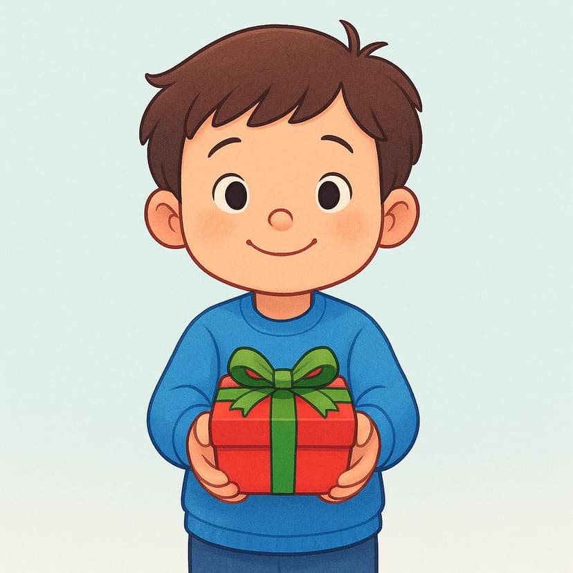 A child smiling while extending their hands to give a wrapped present forward to an unseen recipient.