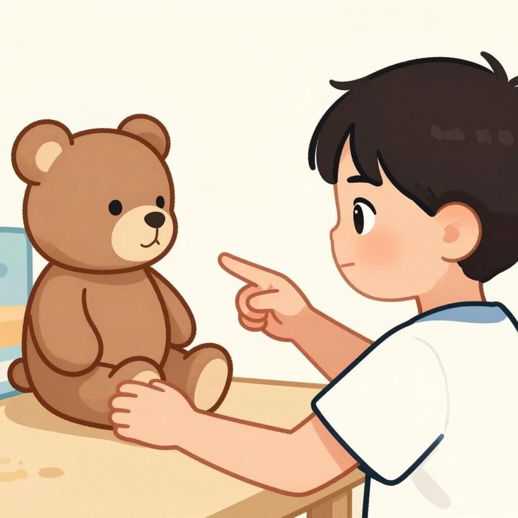 Un bambino indica un orsacchiotto perso tenuto da un adulto, reclamando il suo giocattolo.