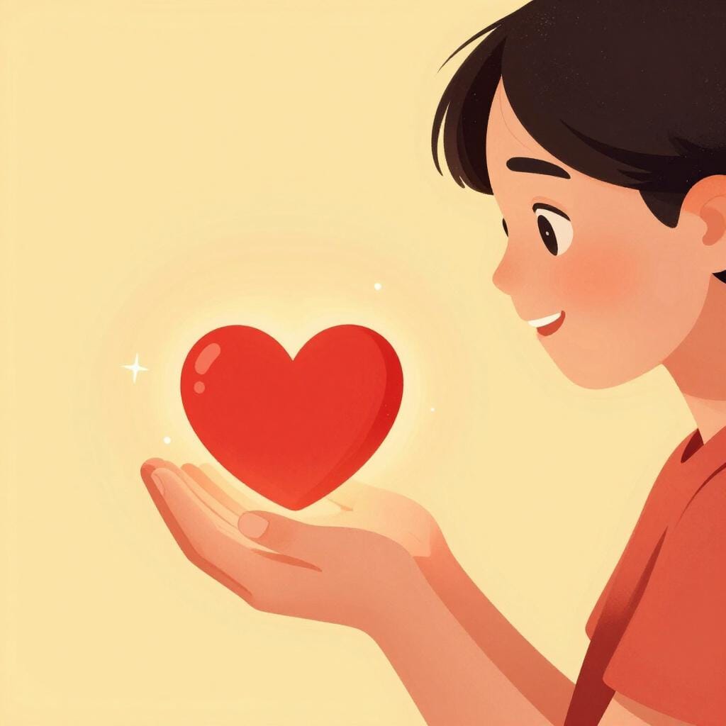 A person holding a small, glowing heart in their hands with a look of gratitude.