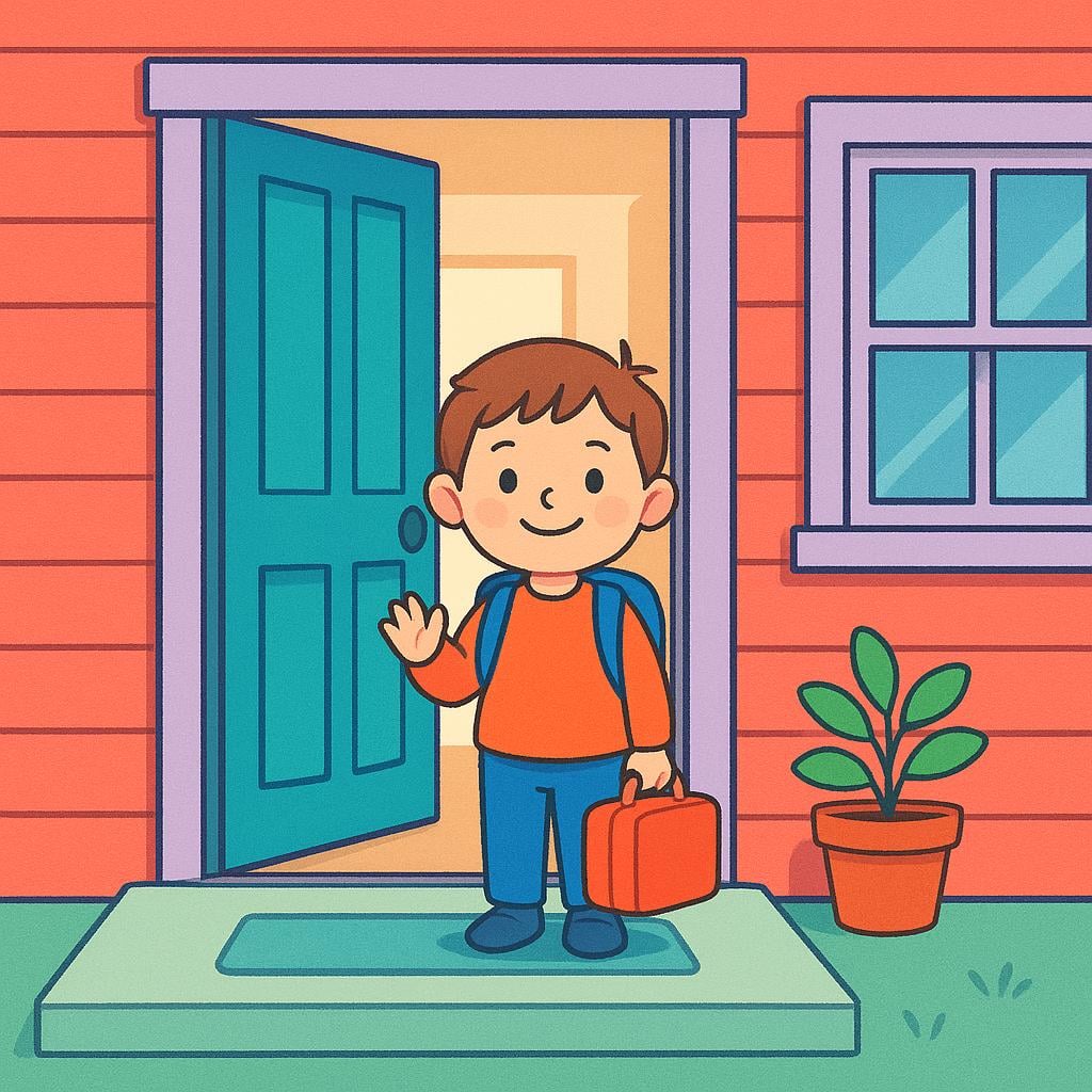 A colorful storybook illustration of a happy child standing at the open front door of their cozy, brightly colored house, having just arrived home.