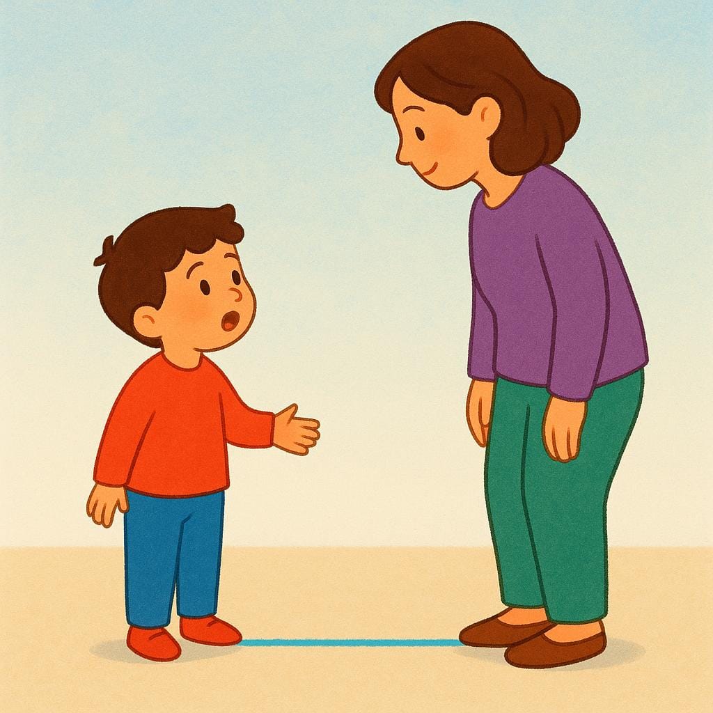 A storybook illustration showing a child speaking honestly and directly to an adult. A single, straight, bright red line is drawn on the ground connecting the child's feet to the adult's feet, symbolizing directness.