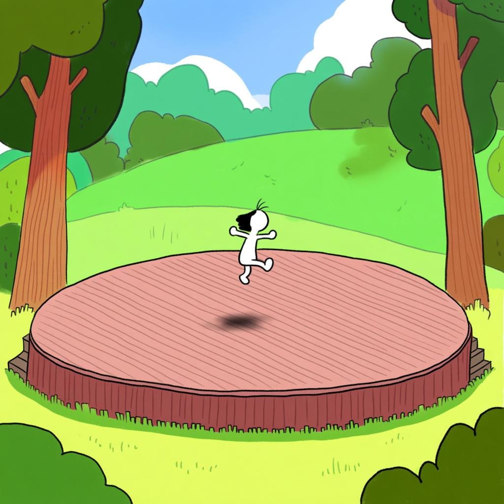 Un petit personnage aux couleurs vives descendant en voltige vers une scène en bois vide bien définie installée dans un parc, indiquant une arrivée future.