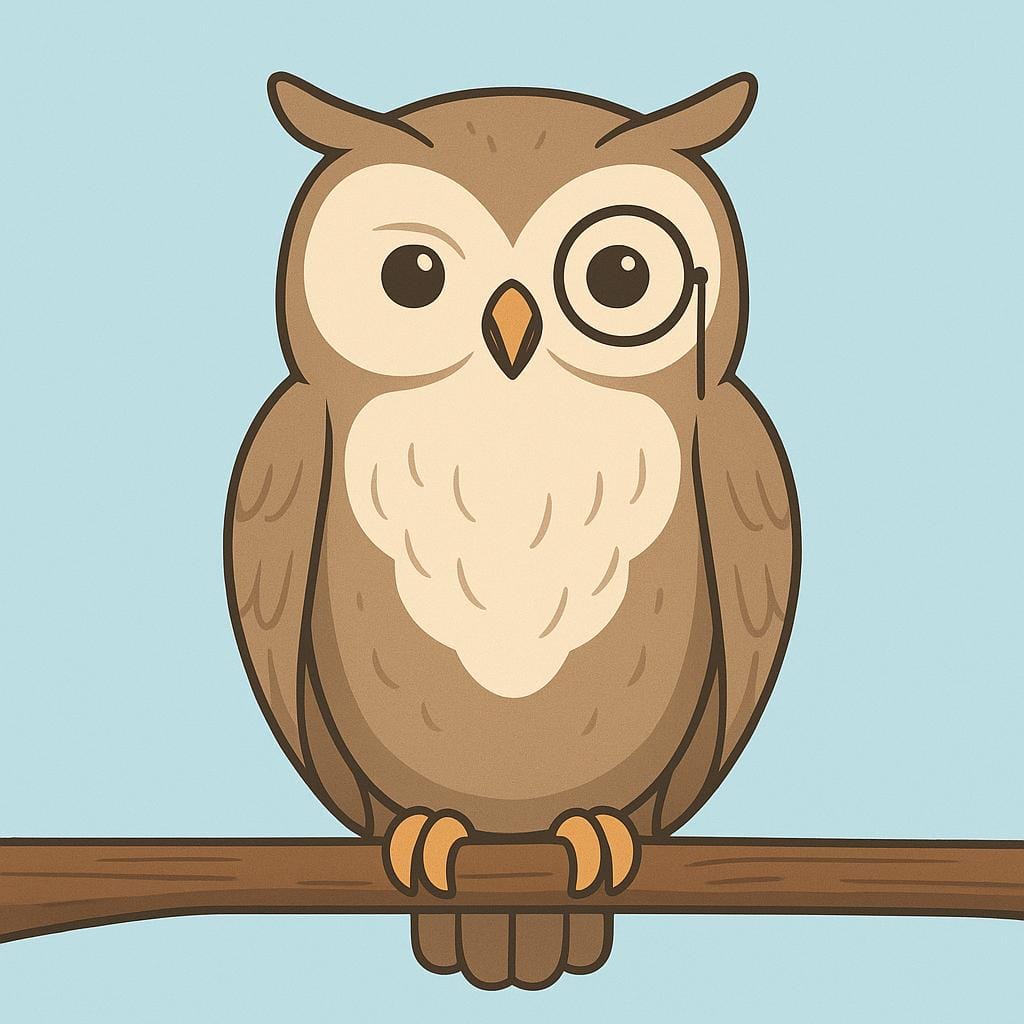 A wise owl standing straight and composed on a branch, wearing a monocle, symbolizing dignity.