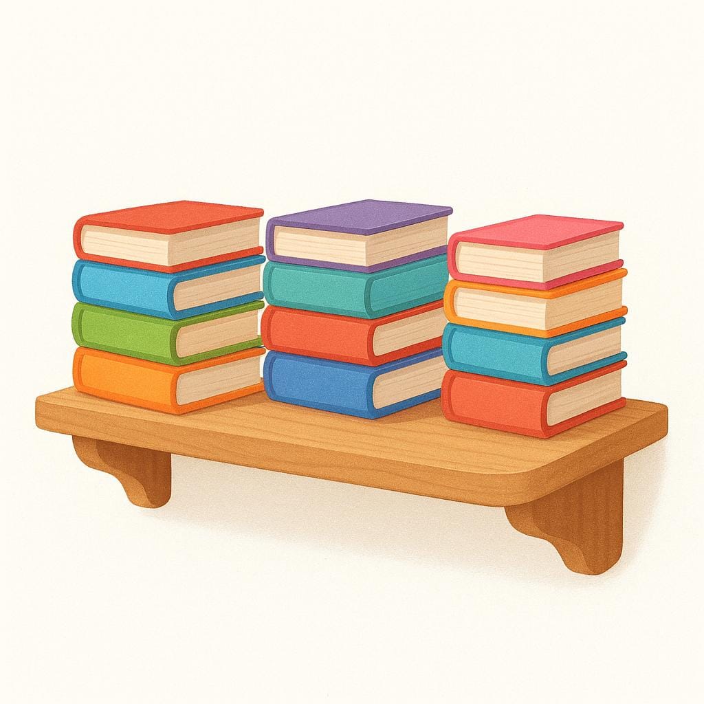A clean, organized wooden shelf holding three neat stacks of colorful books, all perfectly aligned by height and color.