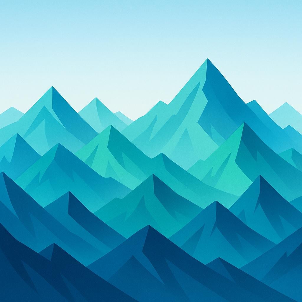 A vibrant illustration showing a long chain of jagged blue and green mountains stretching across the horizon under a bright sky, representing a mountain range.