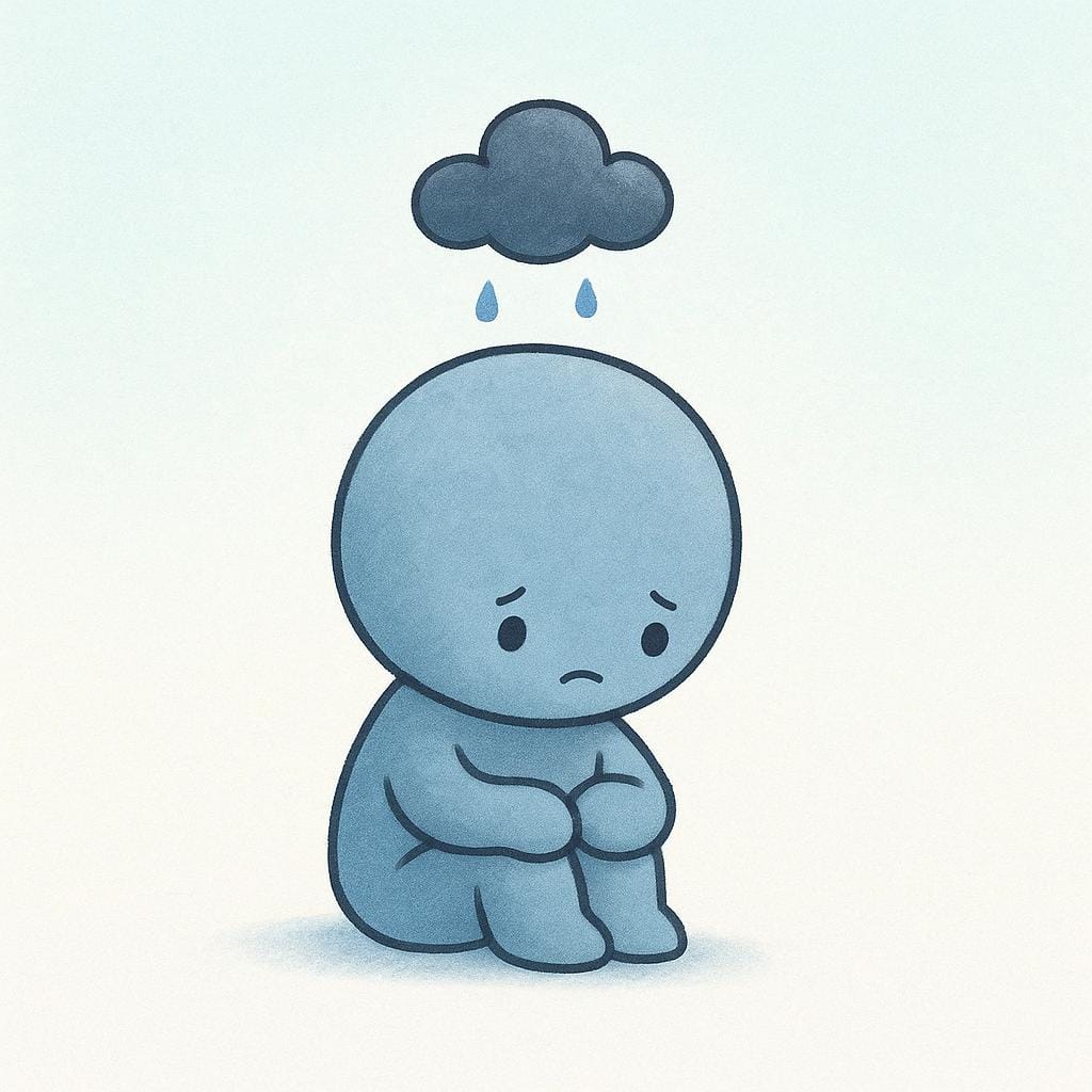 A small, simple, unhappy cartoon figure sitting alone on the ground. A tiny, dark rain cloud is floating directly above the figure's head, dropping a single tear-shaped raindrop, symbolizing current distress or suffering.
