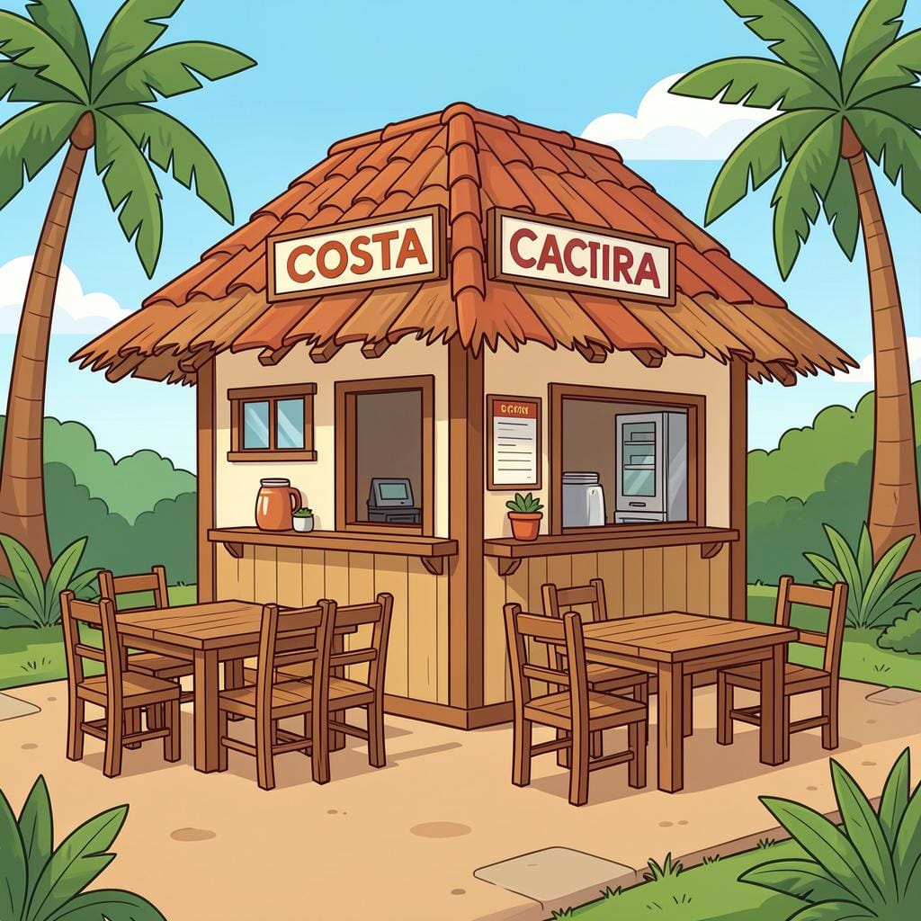 A small, cozy outdoor restaurant with wooden tables and a thatched roof, surrounded by tropical plants.