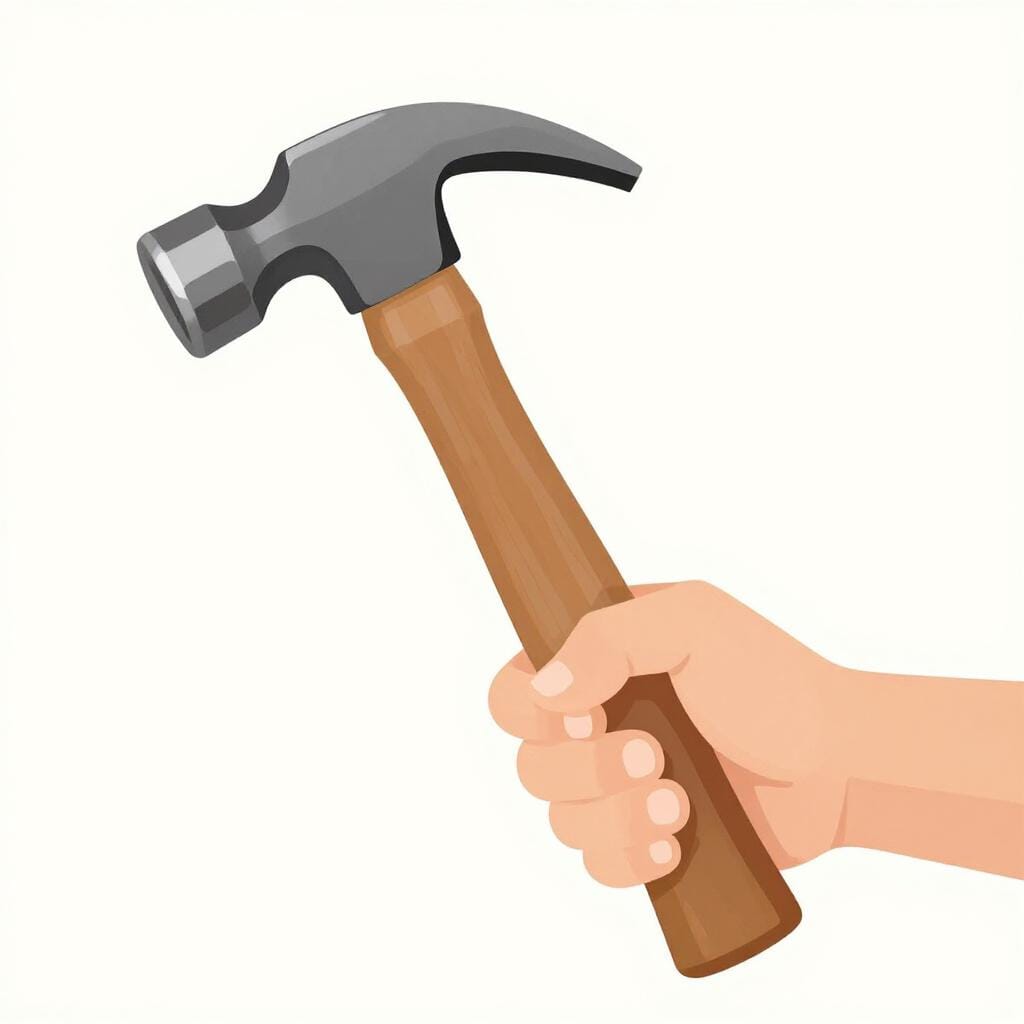 The wooden handle of a metal hammer.