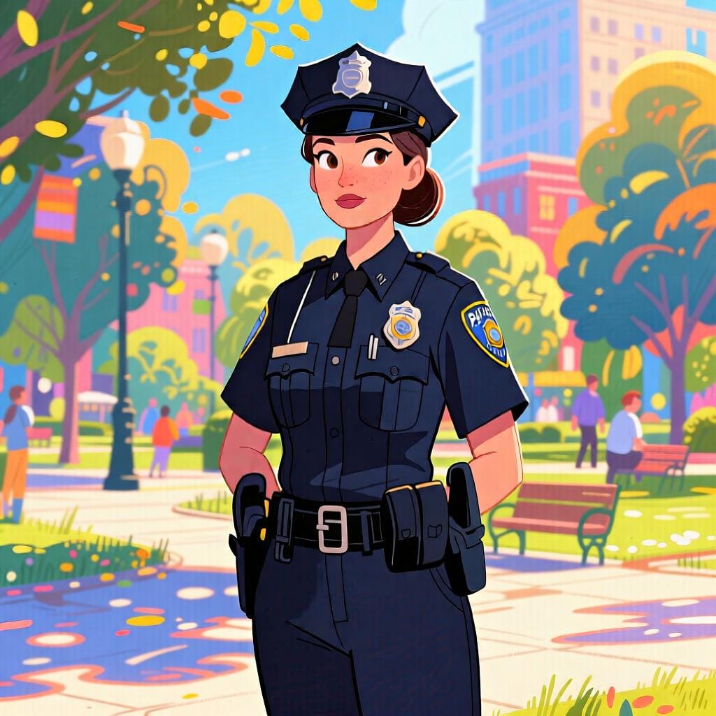 A professional female police officer wearing a dark uniform and standing confidently outdoors.