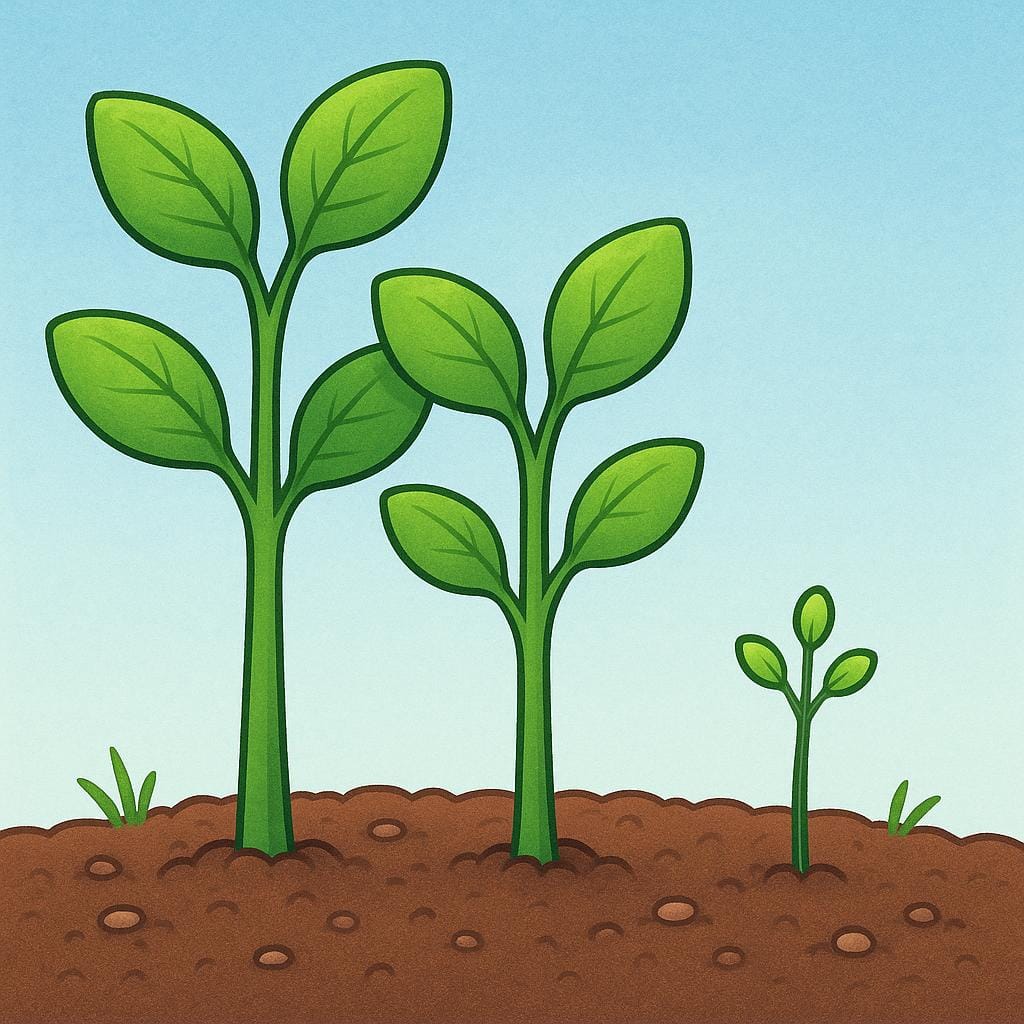 Two healthy, tall saplings stand next to a third sapling that is noticeably shorter and less developed.