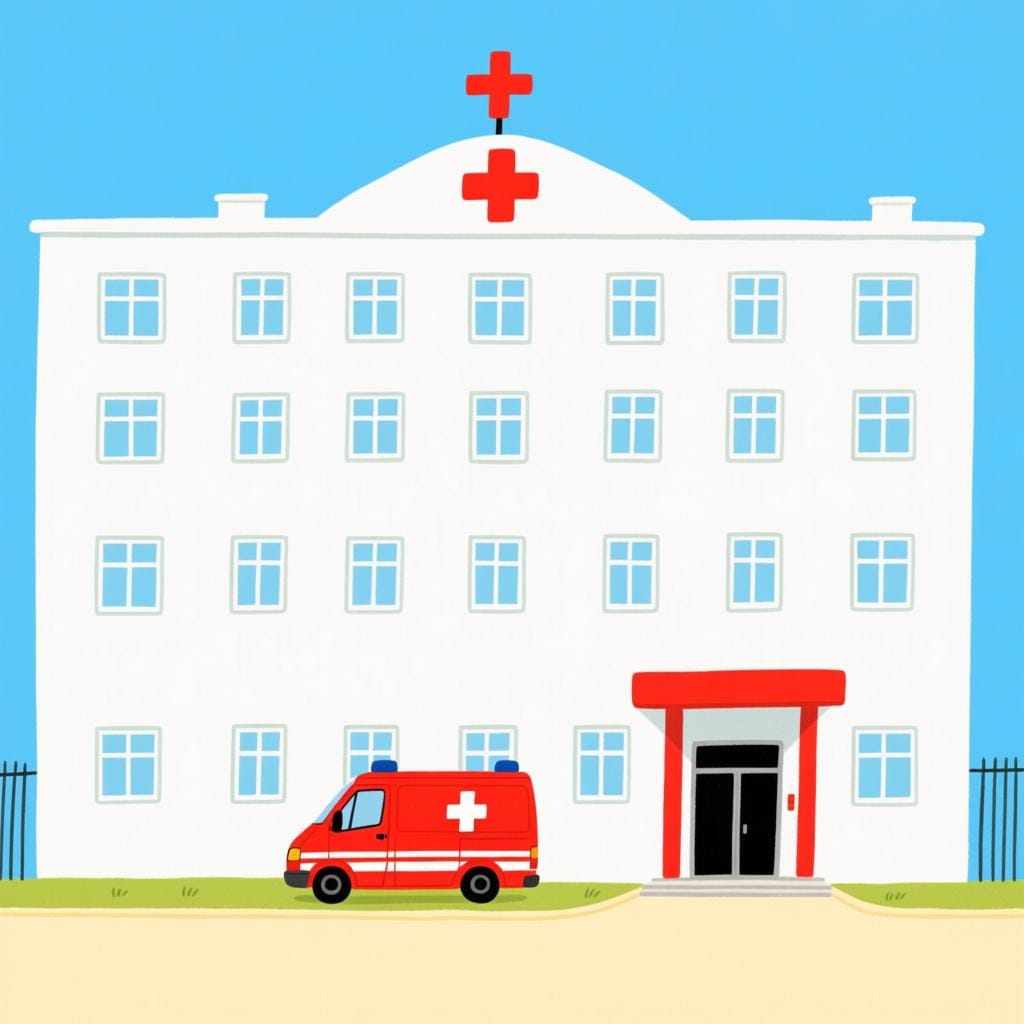 An illustration of a large, clean white hospital building with many windows and a distinctive red cross symbol clearly visible on the facade, with a bright red ambulance parked near the main entrance.