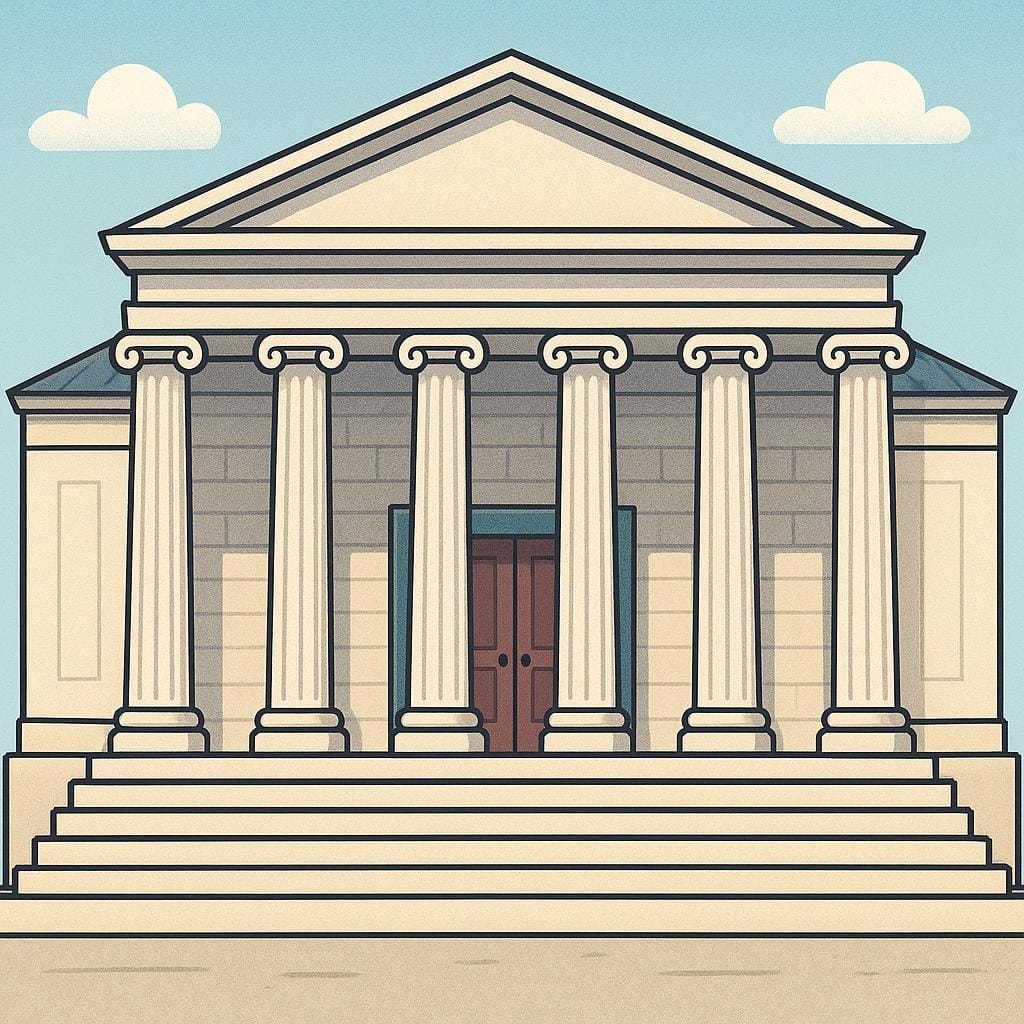 A fachada de um edifício clássico, simples e imponente, com grandes colunas e degraus, representando um órgão governamental ou agência oficial.
