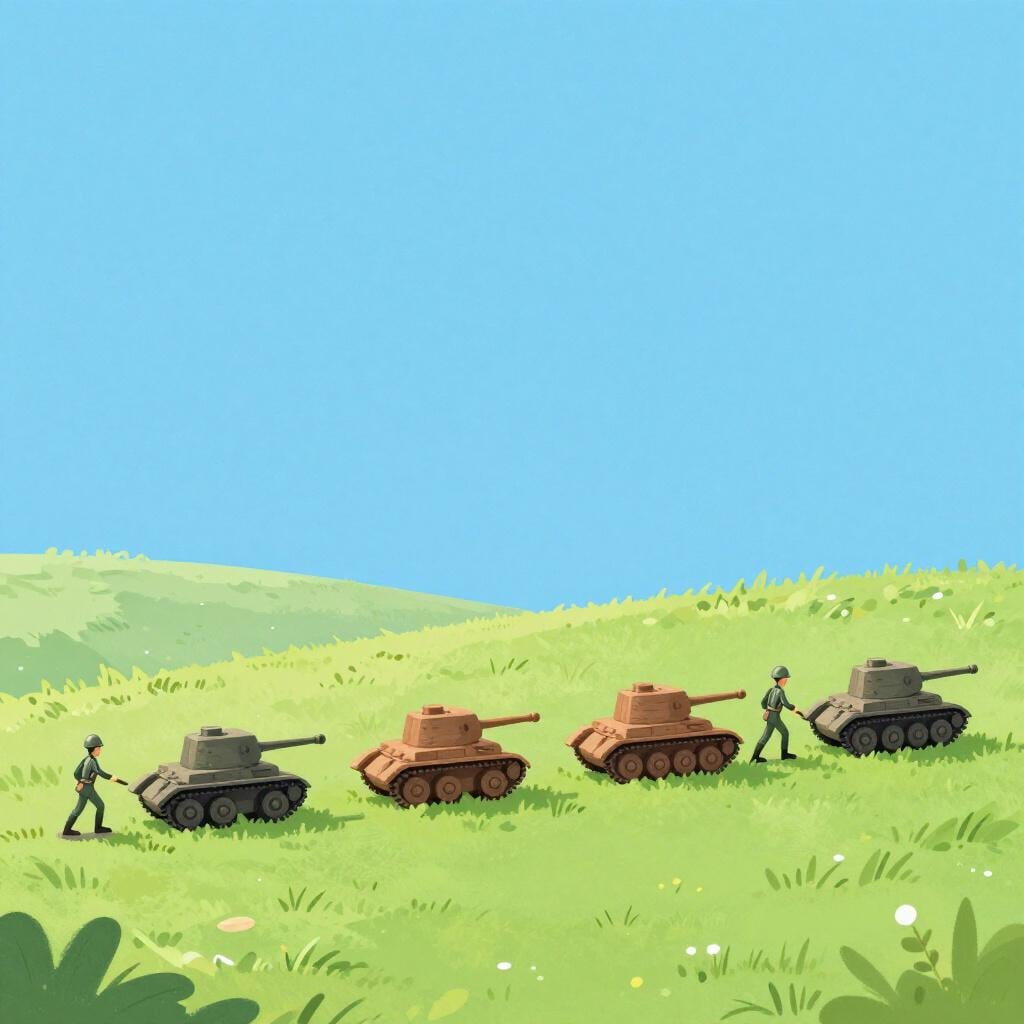 A row of colorful toy soldiers and small wooden tanks moving forward together across a green field.