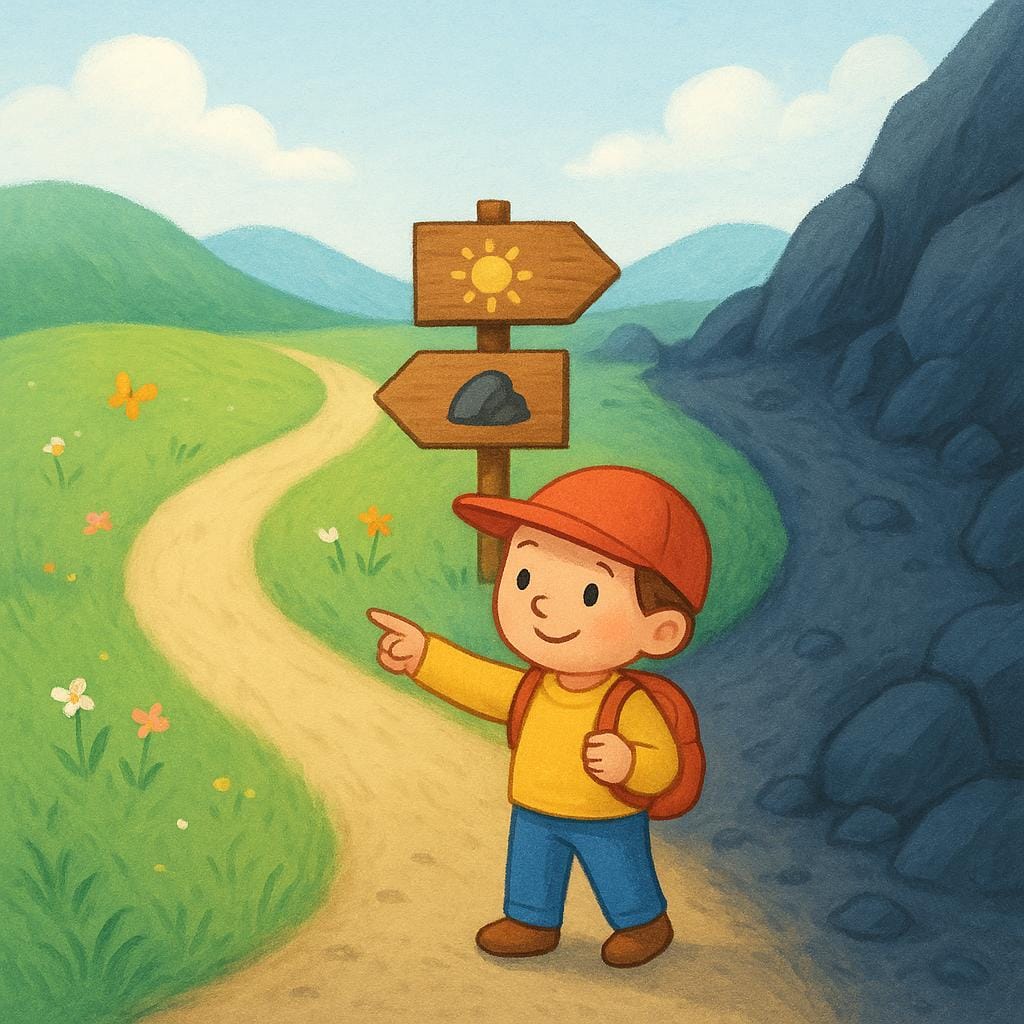 A young hiker carefully choosing the smooth, sunlit path instead of the dark, steep, rocky path, illustrating an advisable choice.
