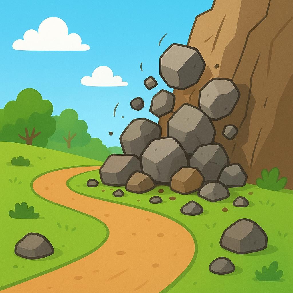 A simple dirt path winding through a landscape, abruptly blocked by a large pile of unstable gray and brown rocks that have tumbled down from a steep cliff face, symbolizing imminent danger.