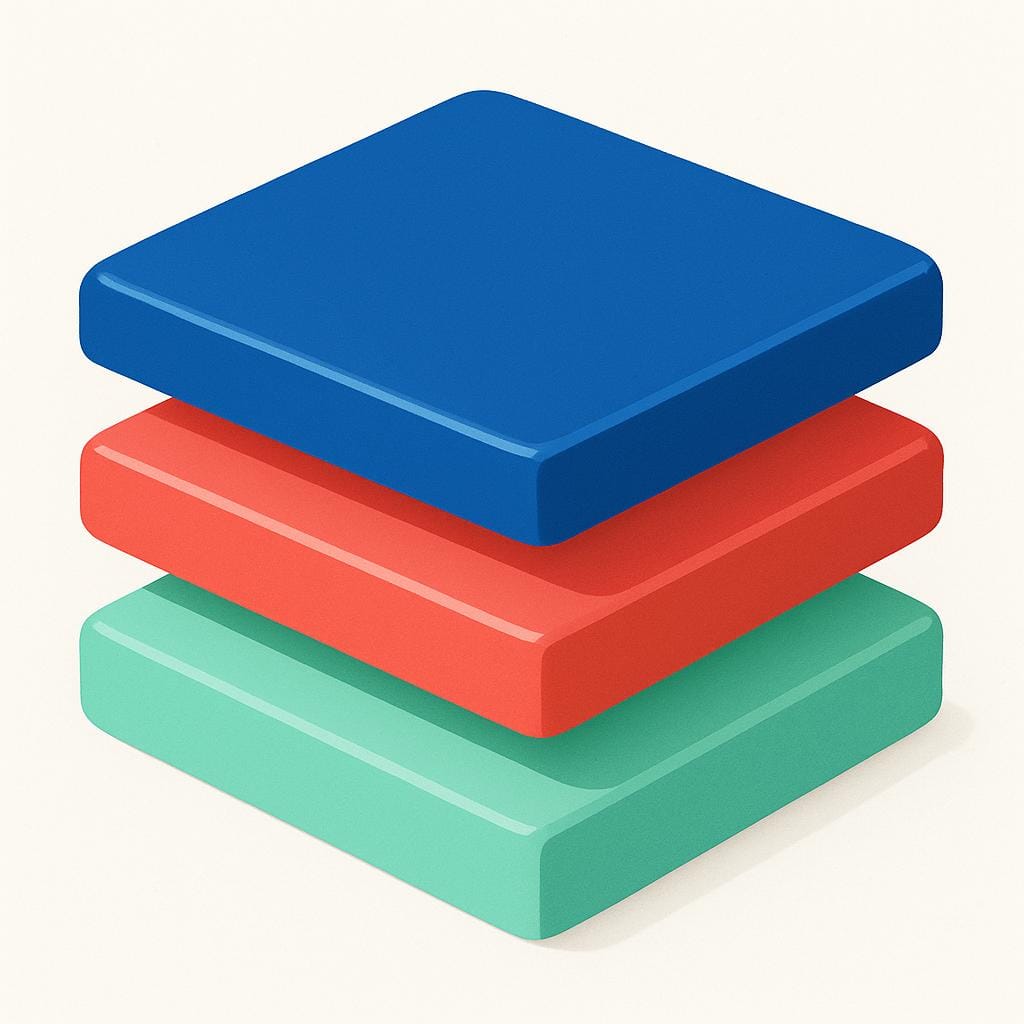 A cross-section illustration showing three distinct, colorful layers of paint stacked on a surface, representing a layer of material.