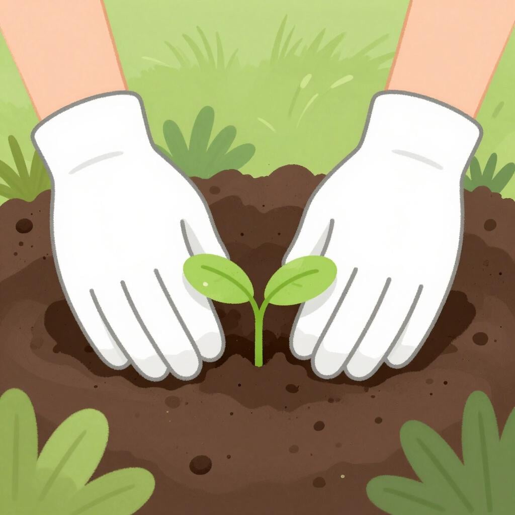 A gardener kneeling in the dirt, carefully planting a small green sprout into the ground.