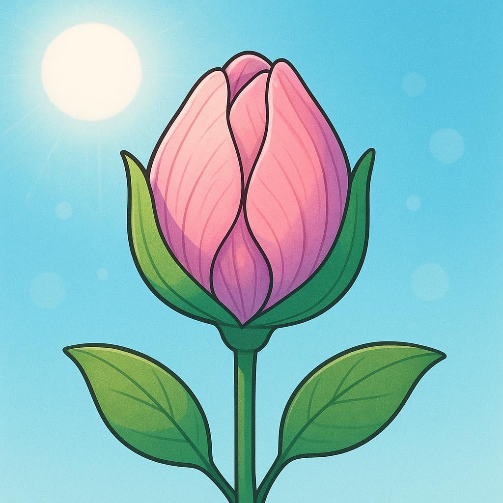 A close-up illustration of a single large flower bud dramatically opening its petals, transitioning from a bud to a full bloom on a green stem.