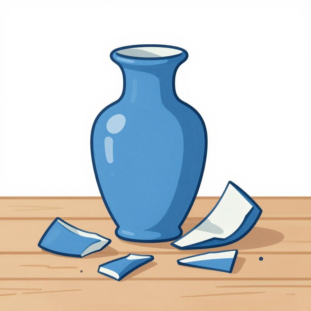 木製の床に、色とりどりの陶器の花瓶が粉々に砕けている様子。