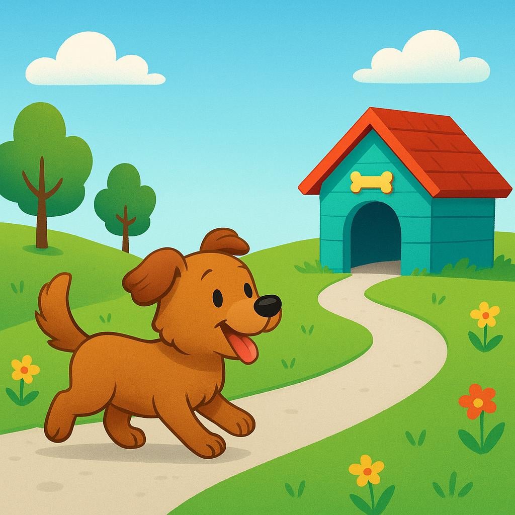 A storybook illustration showing a small brown dog happily walking back along a winding path towards its brightly colored doghouse, illustrating the concept of returning.