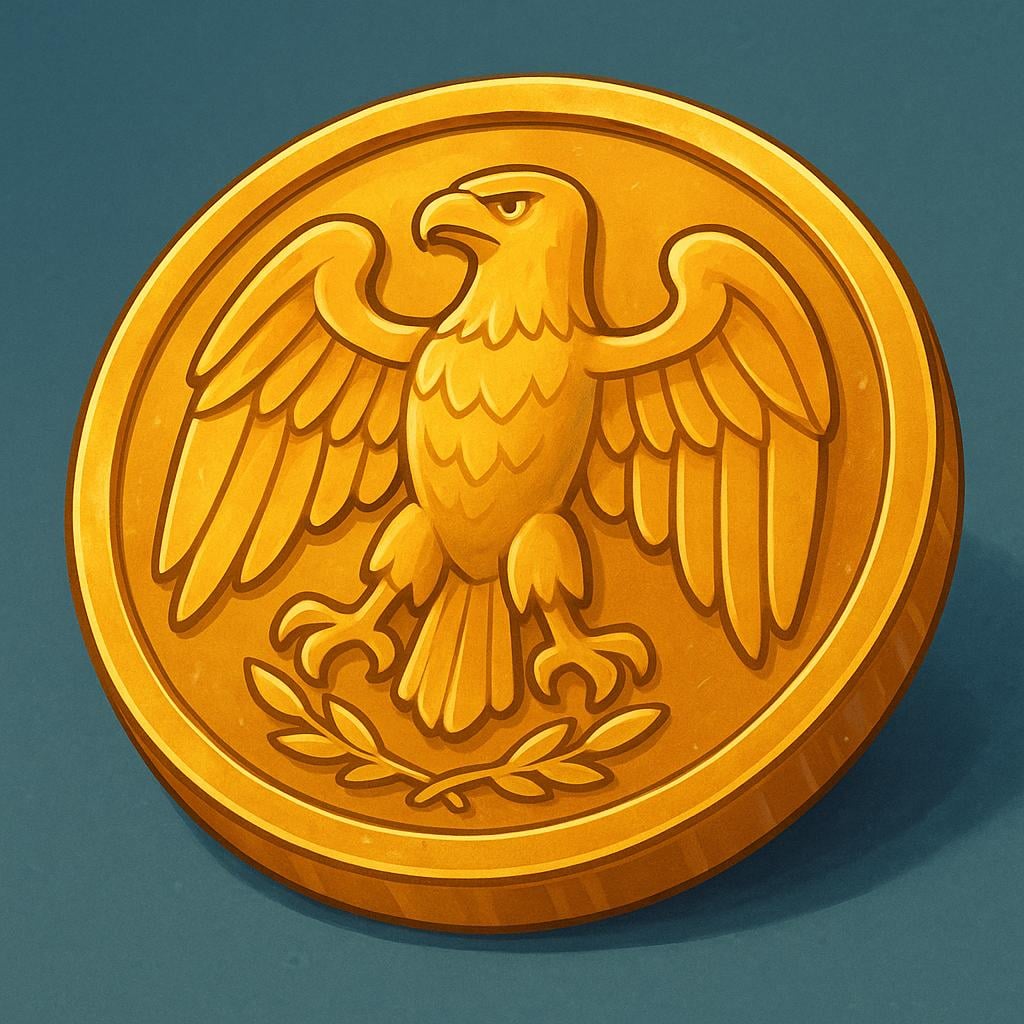 A close-up view of the 'heads' side of a large, shiny gold coin showing the raised relief of a powerful bird emblem.