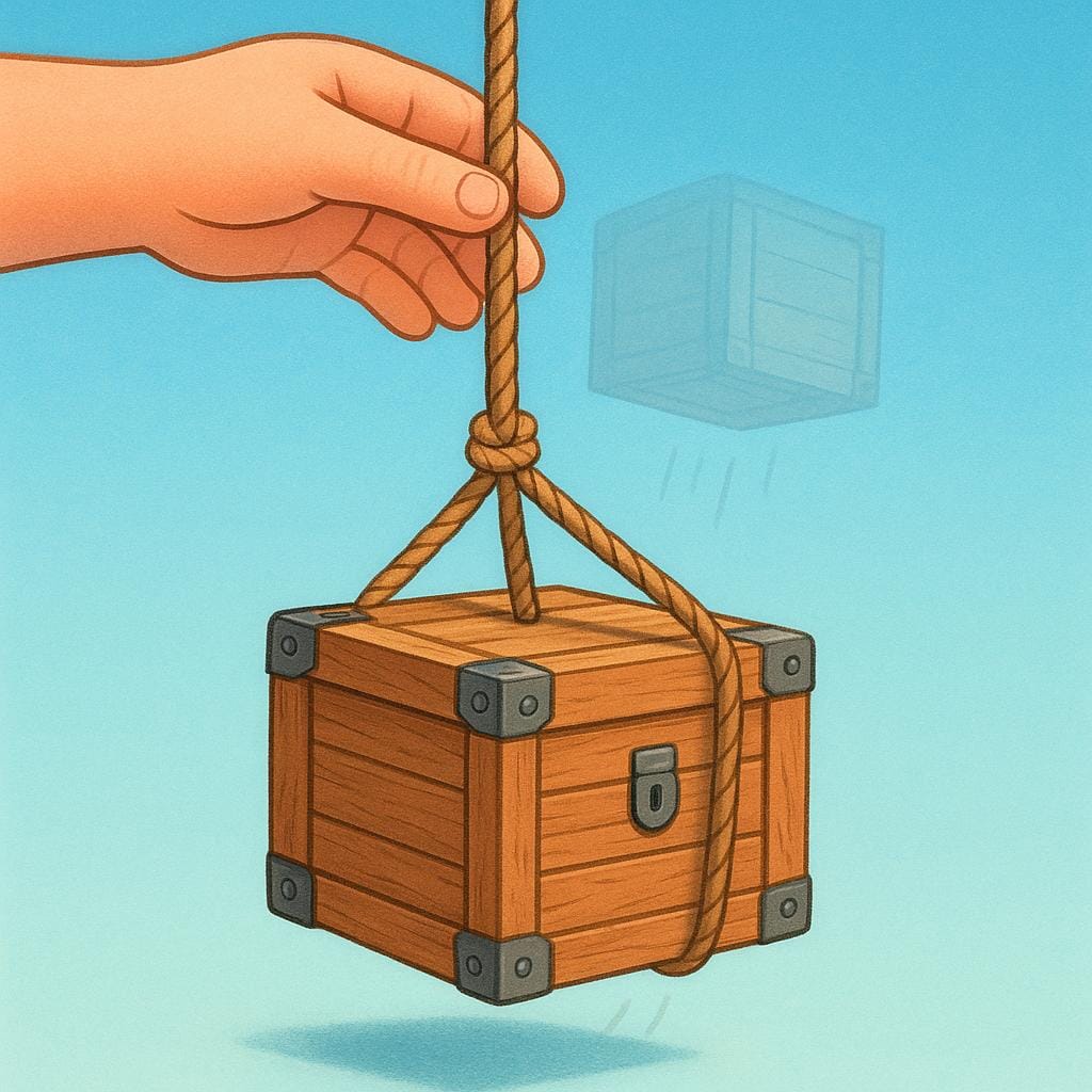 A large, stylized hand holding a rope, gently lowering a heavy, square wooden box from a high position toward the ground.