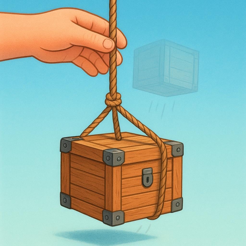A large, stylized hand holding a rope, gently lowering a heavy, square wooden box from a high position toward the ground.