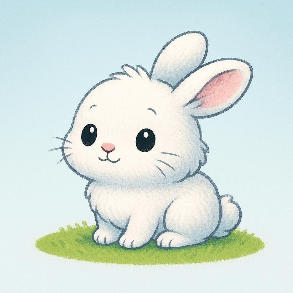 A small, extremely fluffy white bunny with large, innocent eyes sits peacefully on a patch of vibrant green grass.