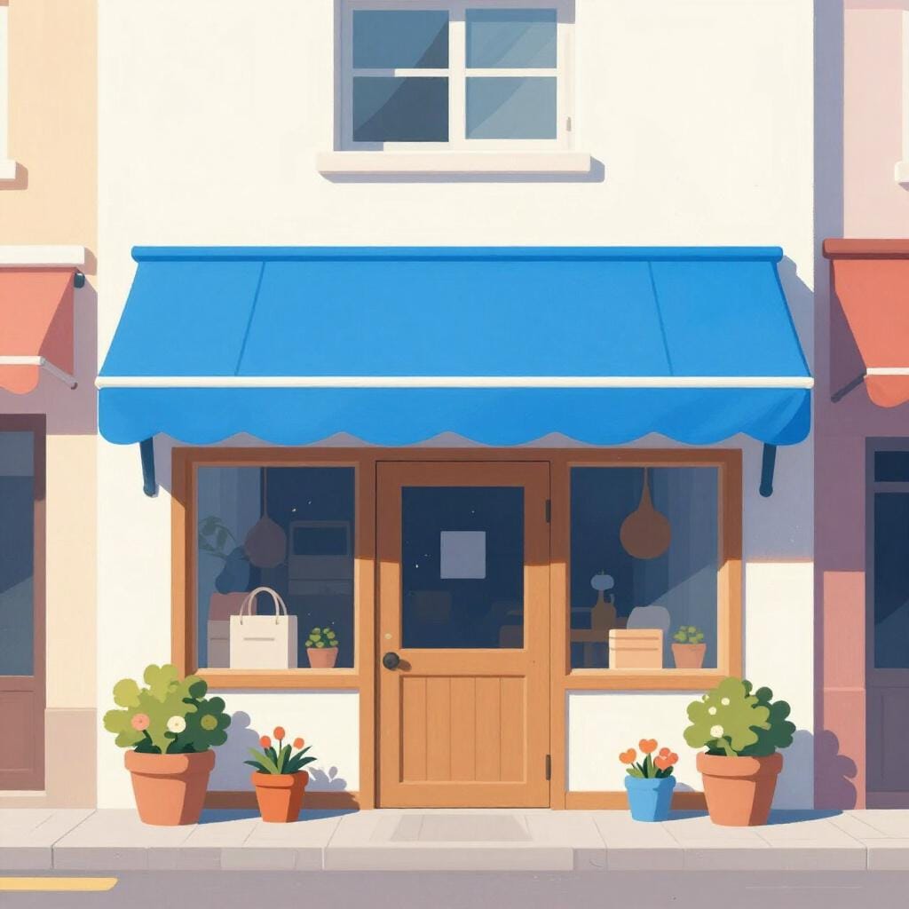 Een kleine, charmante winkelpui met een kleurrijke luifel en grote glazen ramen.