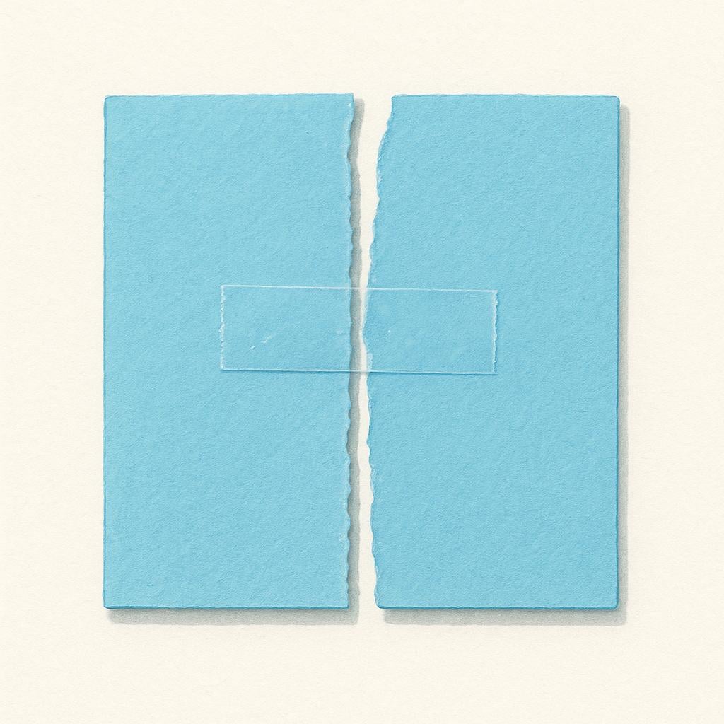A piece of light blue construction paper that was torn in half and is now neatly held together by a single strip of clear tape across the seam.