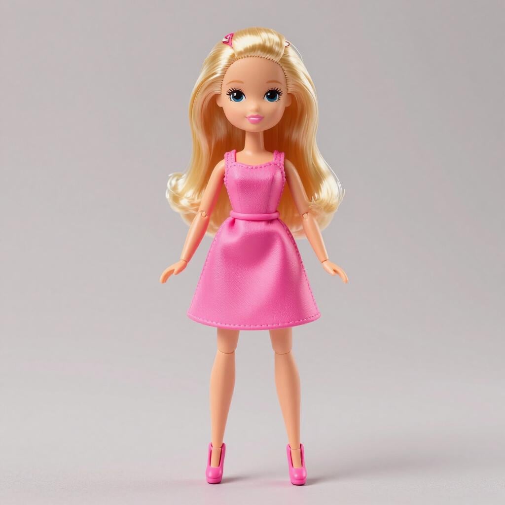 Une poupée mannequin en plastique aux longs cheveux blonds, vêtue d'une robe rose vif, debout sur un fond bleu simple.