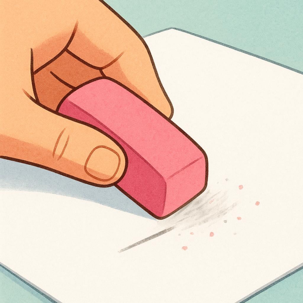 A close-up view of a hand holding a pink rectangular eraser rubbing away a light gray pencil line on a white piece of paper, showing the physical act of removal.