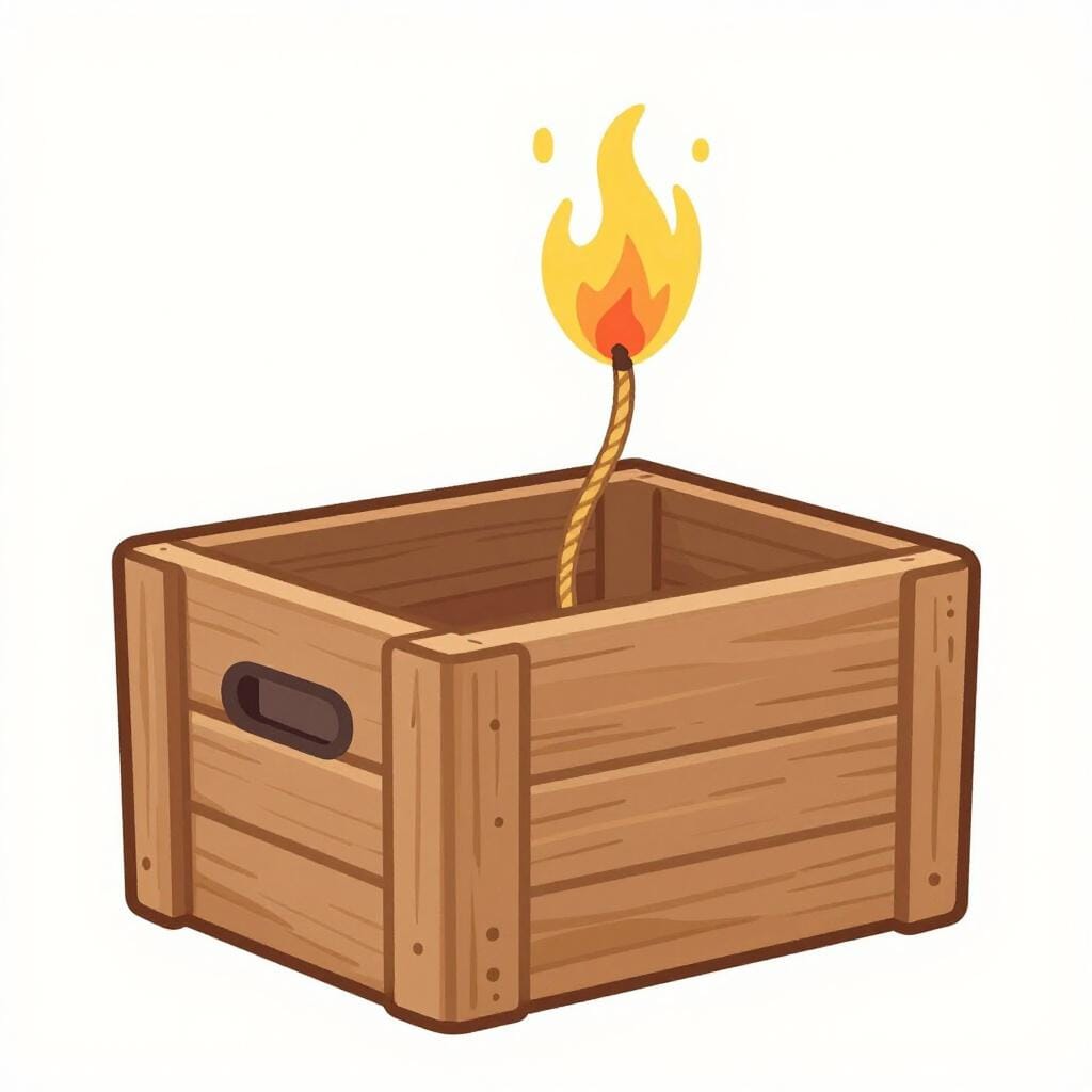 A wooden crate with a lit fuse sparking, about to burst.