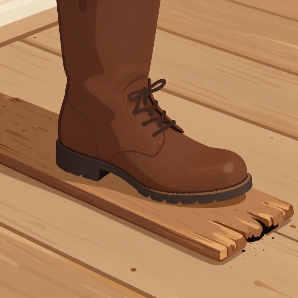 An old wooden floorboard bending slightly under a heavy brown boot.