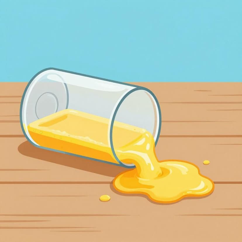 A glass of orange juice tipped over on a wooden table with a pool of juice spreading out.