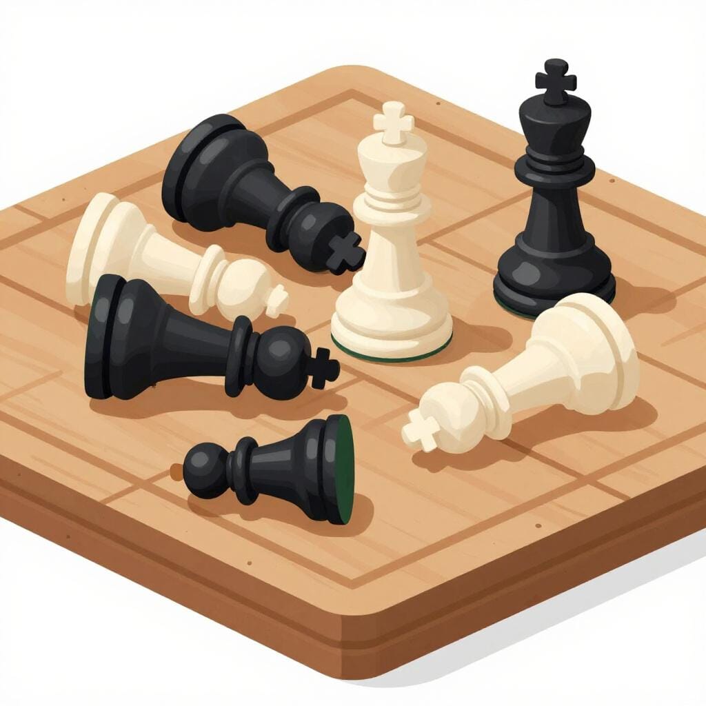 A row of fallen chess pieces on a board, symbolizing a heavy defeat.
