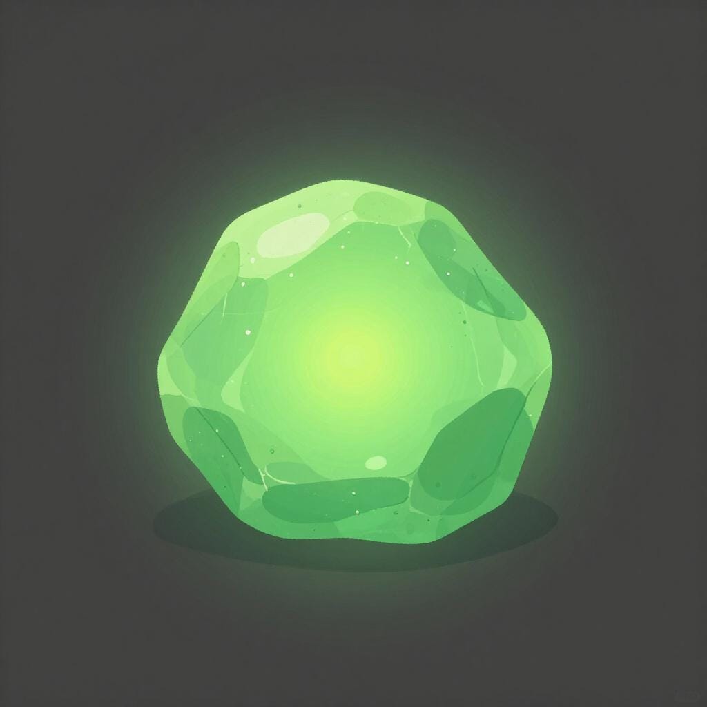 A glowing green crystalline rock on a simple dark background.