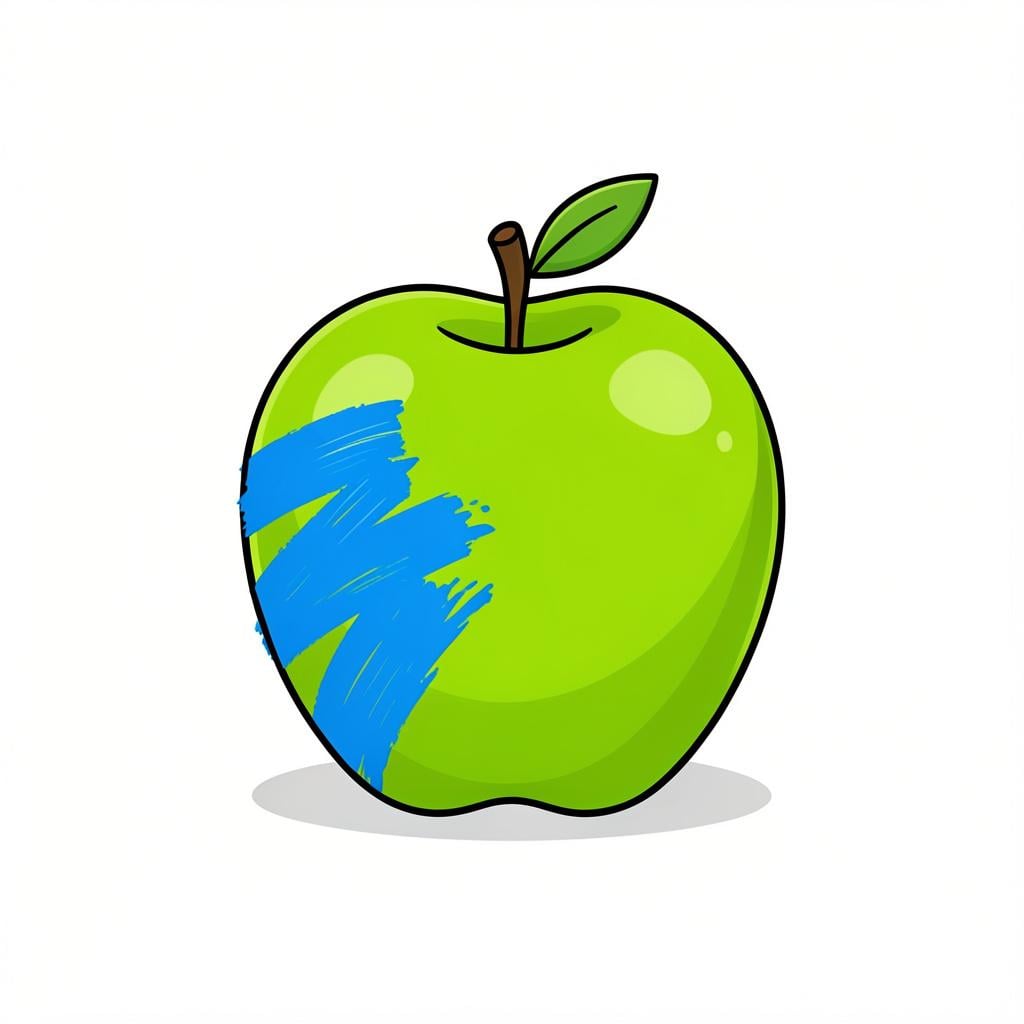 A bright green apple that has been painted with blue stripes.
