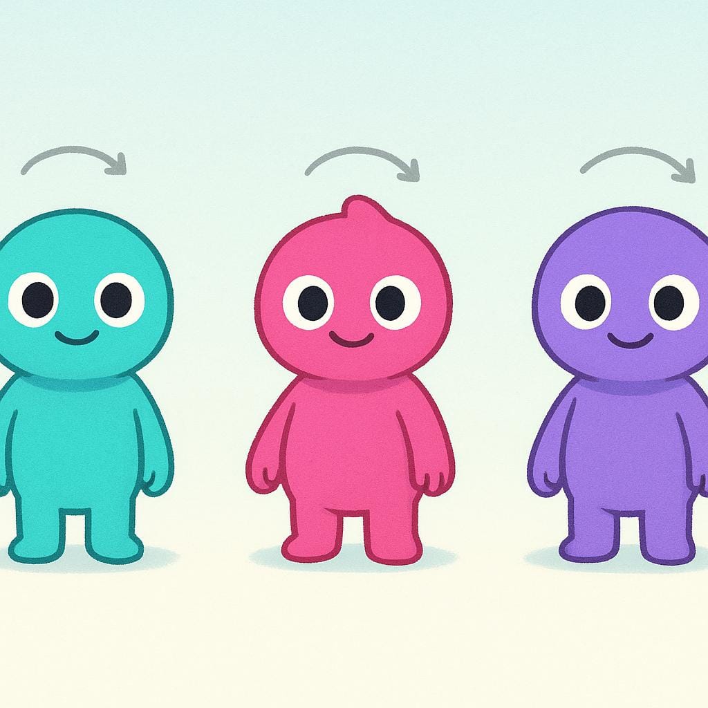 Trois figures de dessin animé simples et aux couleurs vives se tenant en ligne droite, attendant patiemment leur tour.