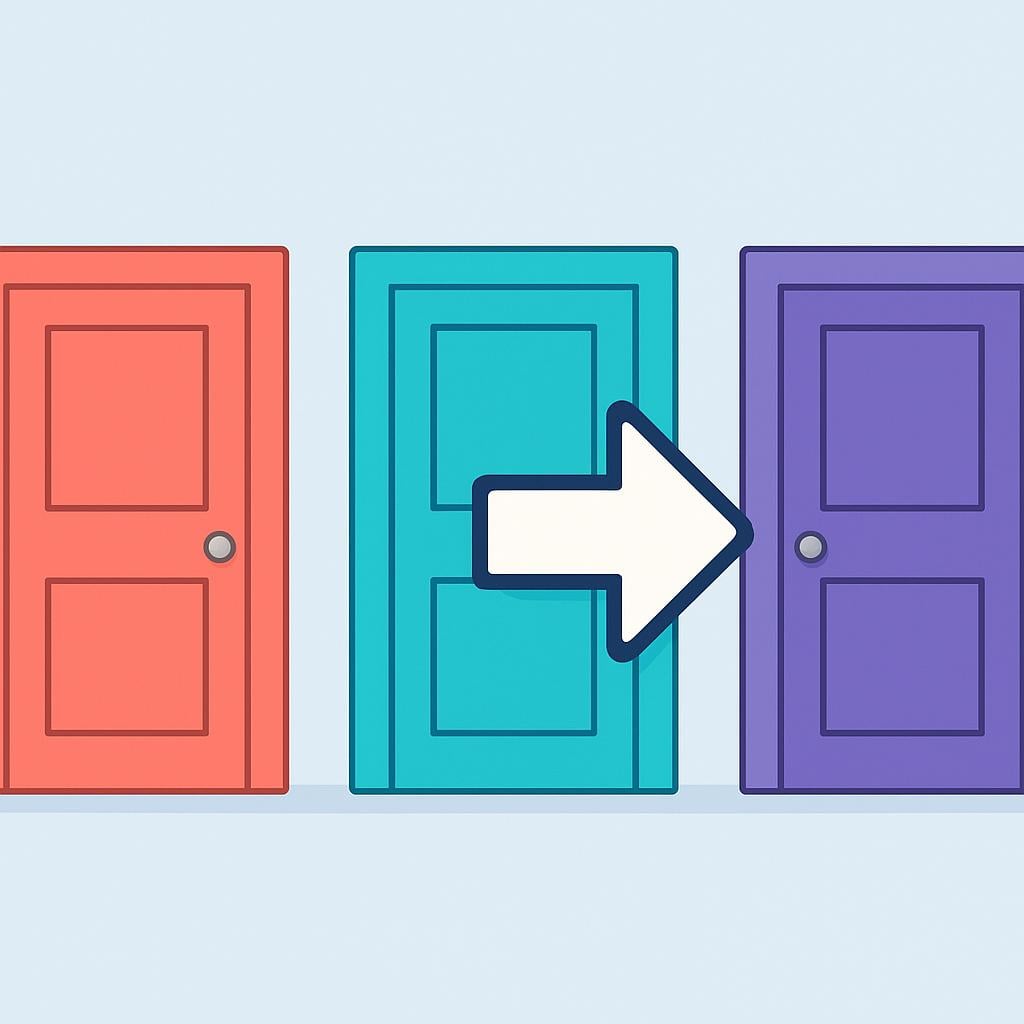 Three colorful doors lined up, with an arrow pointing specifically to the middle door.