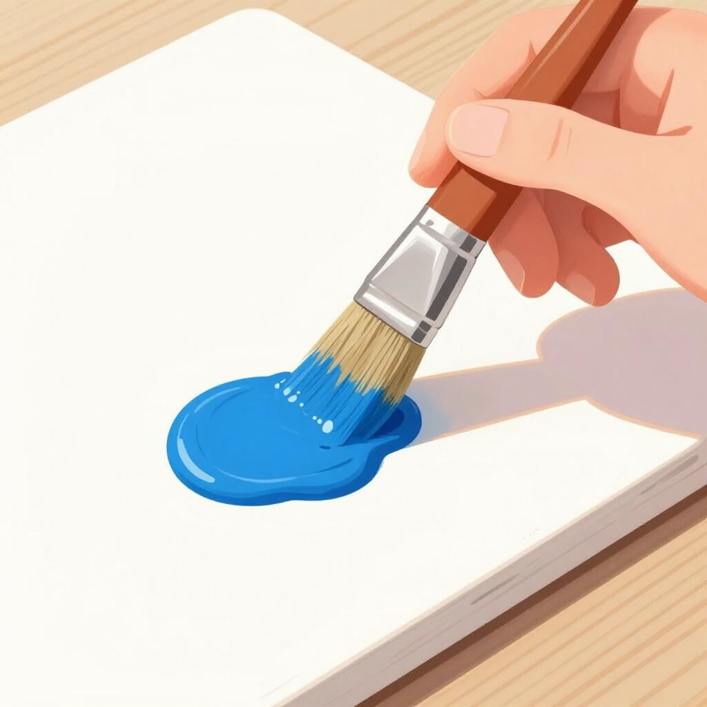 A hand using a brush to spread blue paint onto a white wooden surface.