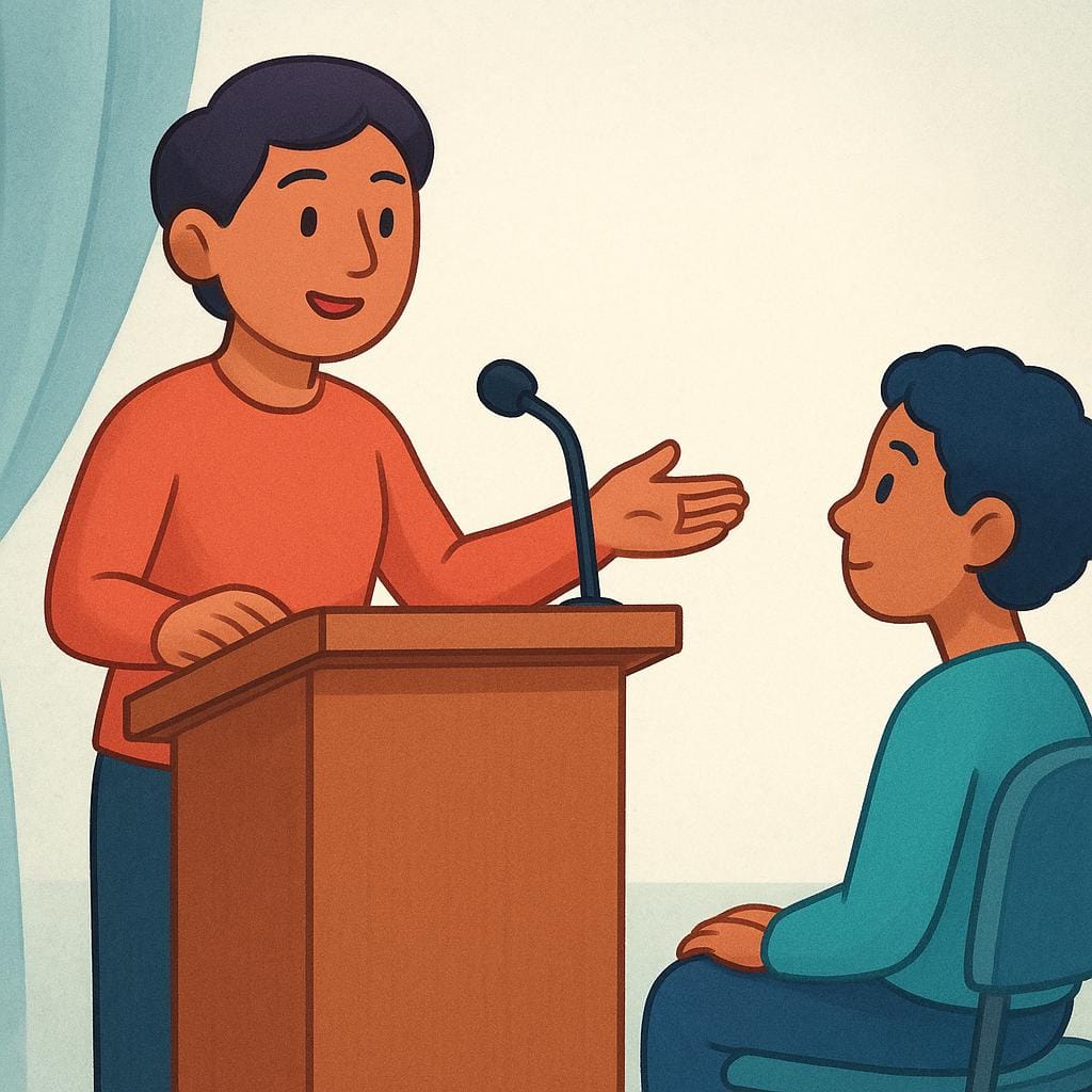 A person standing behind a simple podium with a microphone, speaking clearly to one listener, representing the act of reporting.