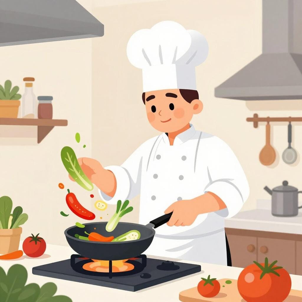 Een ervaren chef-kok met een hoge witte muts die zelfverzekerd kookt in een drukke keuken.